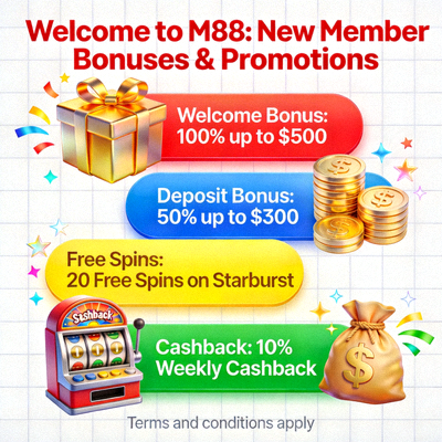 Animasi ilustrasi berbagai bonus dan promosi yang tersedia untuk member baru M88