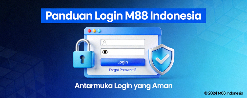 Banner panduan login M88 Indonesia dengan ilustrasi antarmuka login yang aman