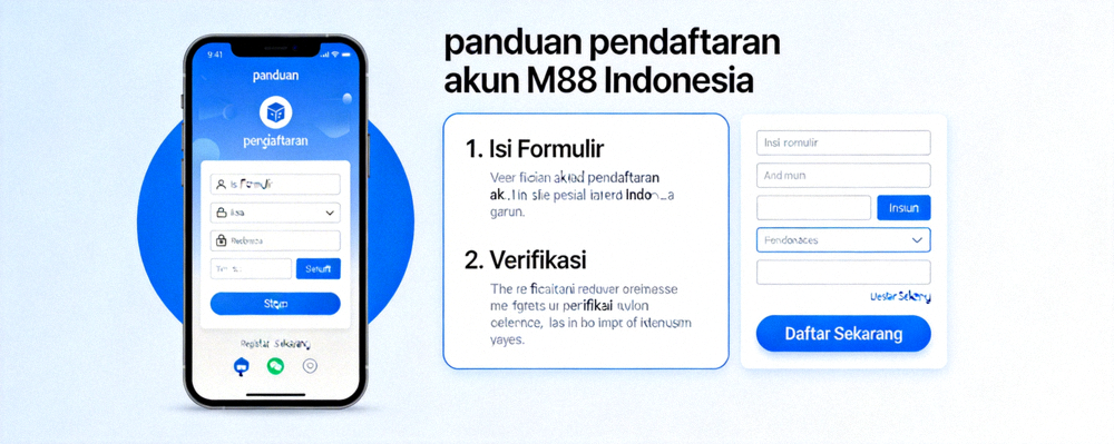 Banner panduan pendaftaran akun M88 Indonesia dengan ilustrasi formulir dan perangkat mobile