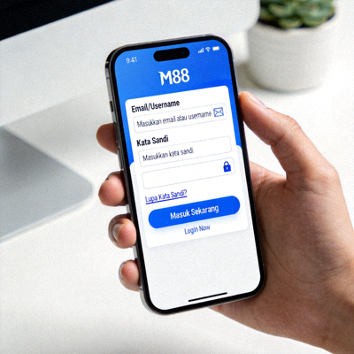 Demo proses login M88 di perangkat mobile smartphone menunjukkan navigasi yang mudah